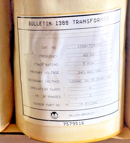 ALLEN BRADLEY 1388-T050DR TRANSFORMER 60HZ 240/480VAC 3PHASE 5KVA1
