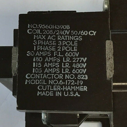 CUTLER HAMMER MAGNETIC A.C. CONTACTOR 9560H390 30A 208/240VAC 50-60CY 2POLE2