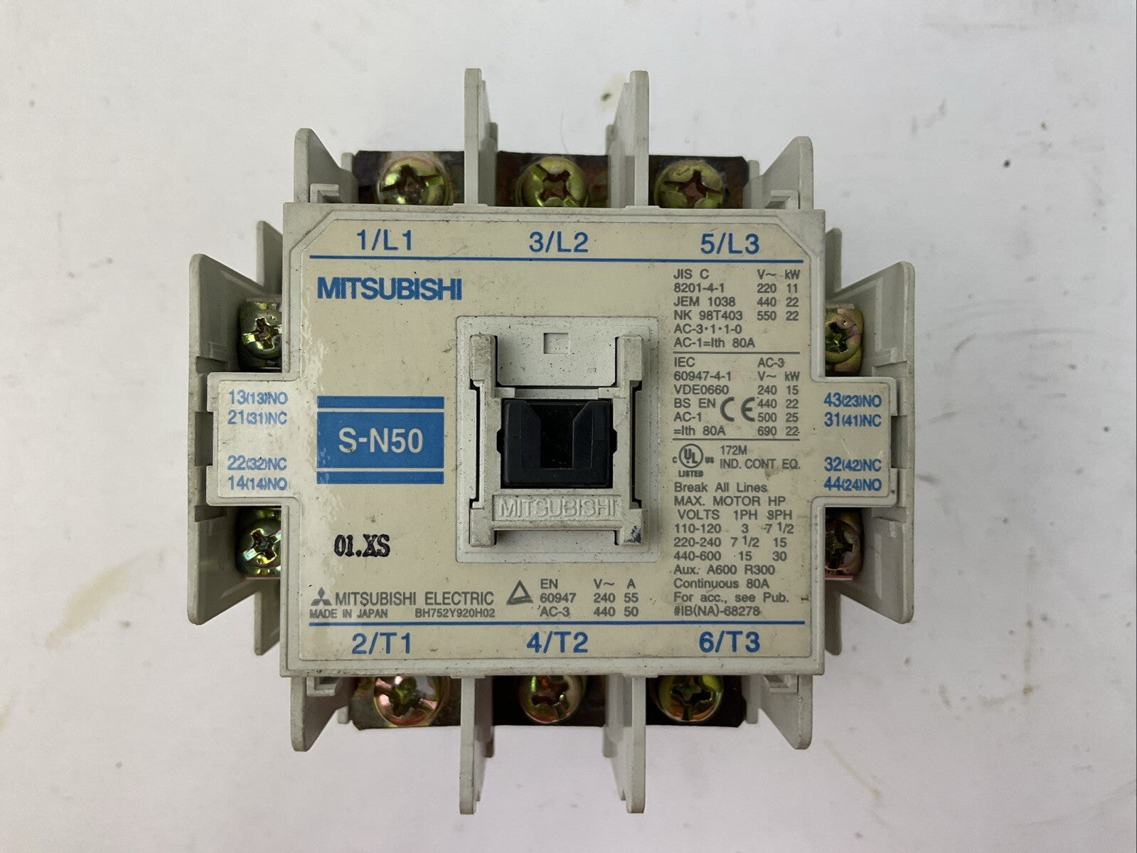 MITSUBISHI S-N50 CONTACTOR 600VAC 80A 3PH 30HP COIL 100-127V 50/60HZ0