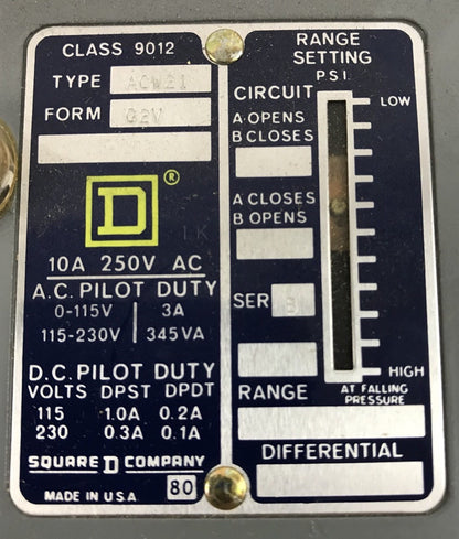 Sq D Pressure Switch class 9012 type ACW-21 series B, Range 400-3000psi new2