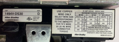 ALLEN BRADLEY 1494V-DS30 FUSIBLE DISCONNECT SWITCH SER D 30A 600VAC 20HP 250VDC1