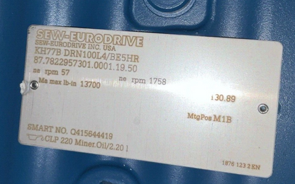 SEW-EURODRIVE KH77B DRN100L4/BE5HR GEARMOTOR rpm 1758/57 V230/460 YY/Y HZ 605