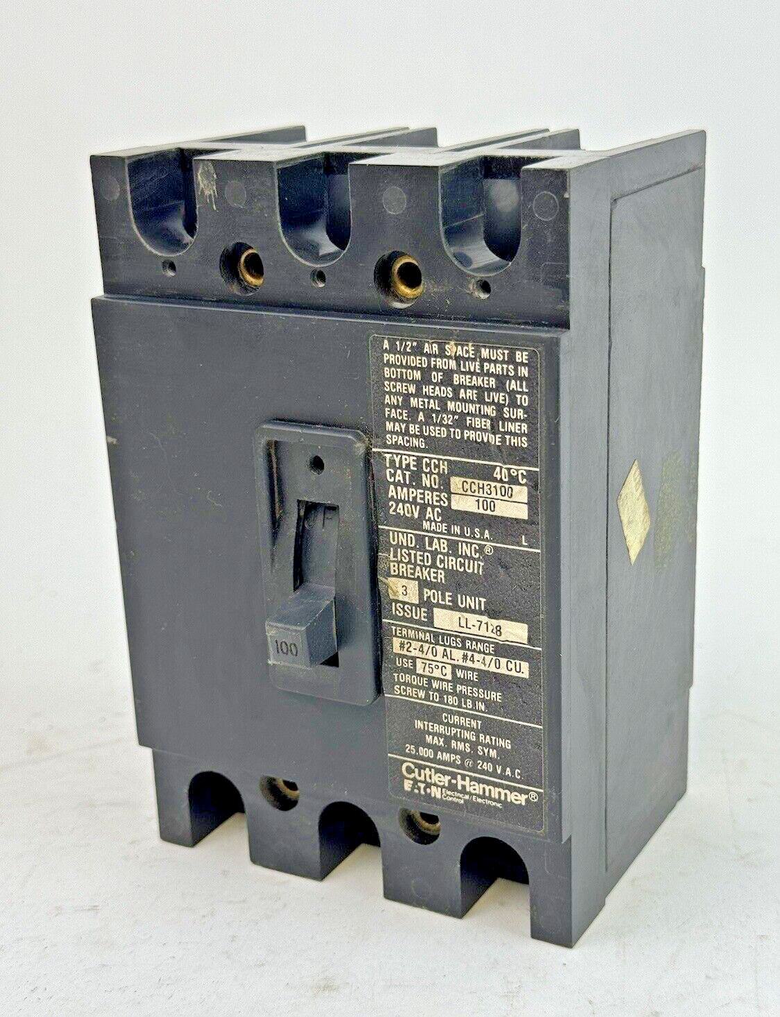 CUTLER-HAMMER / EATON - CCH3100 - CIRCUIT BREAKER - 100A/ 240 VAC/ 3 POLE0