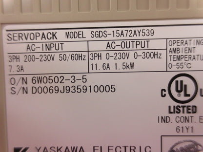 YASKAWA SGDS-15A72AY539 AC SERVOPACK OUTPUT: 230VAC, 0-300Hz 11.6A NEW SURPLUS1