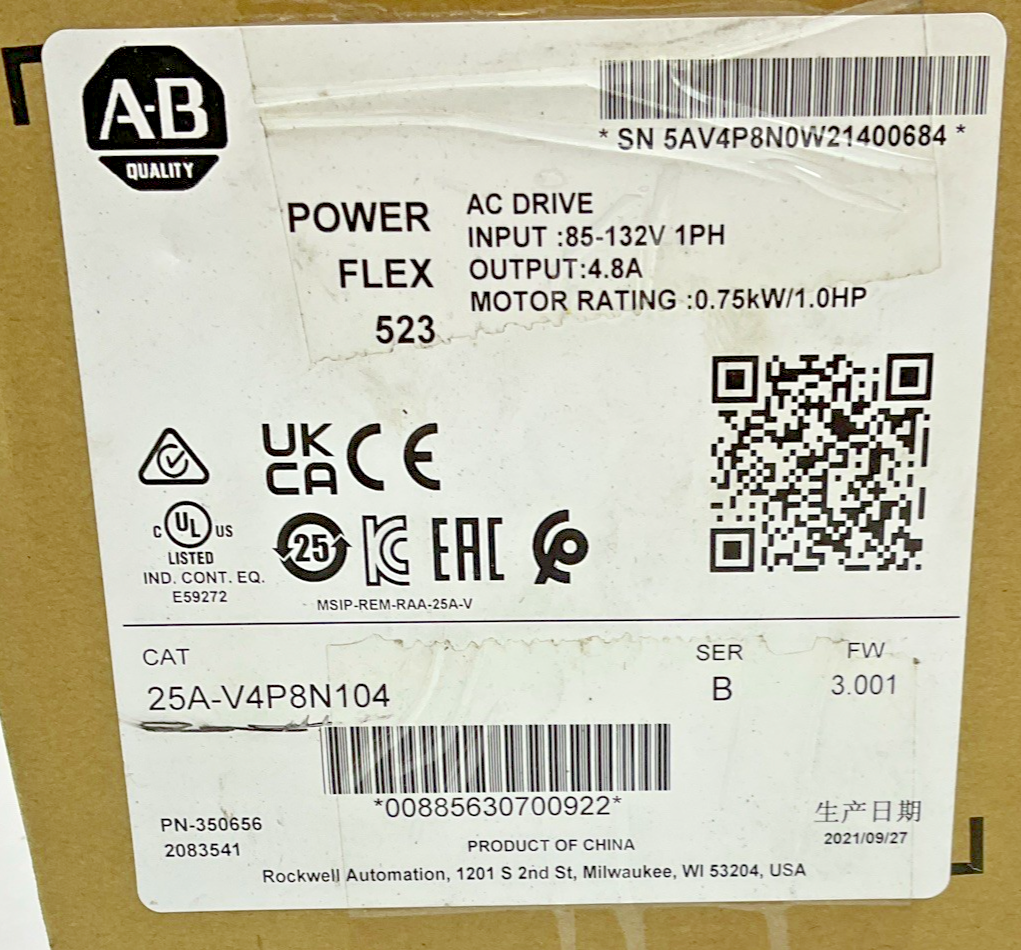 ALLEN BRADLEY 25A-V4P8N104 AC DRIVE 132V 1PH SER.B 1HP FW:3.001 4.8A1