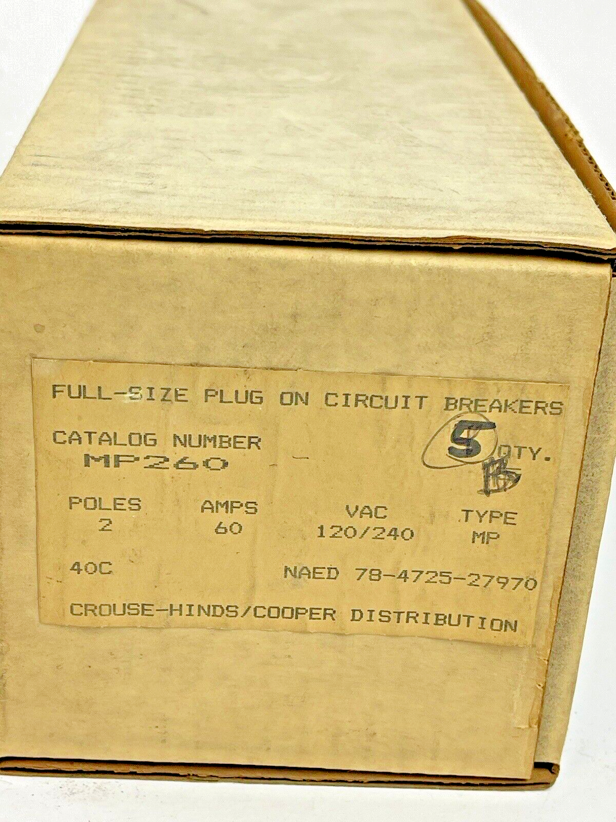 CROUSE-HINDS *BOX OF 5*-MP260- 2 POLE, 60 A, 240 VAC FULL-SIZE CIRCUIT BREAKER2