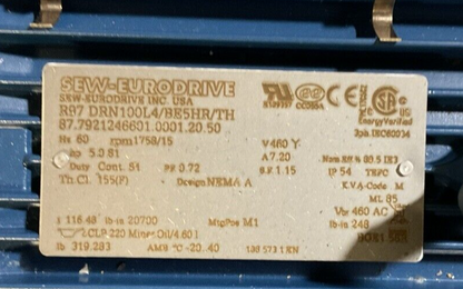 SEW-EURODRIVE R97 DRN100L4/BE5HR/TH GEAR MOTOR HZ 60 rpm 1758/15 V460 Y1