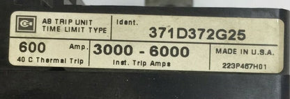 CUTLER HAMMER 371D372G25 AB TRIP UNIT 600AMP 3P INSTA TRIP 3000-6000A HMA3600T1