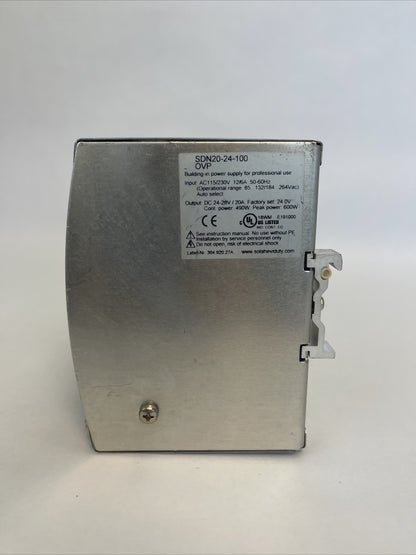 SOLA 20-24-100 OVP POWER SUPPLY OUTPUT 24-28VDC 20A INPUT 115/230VAC12/6A2