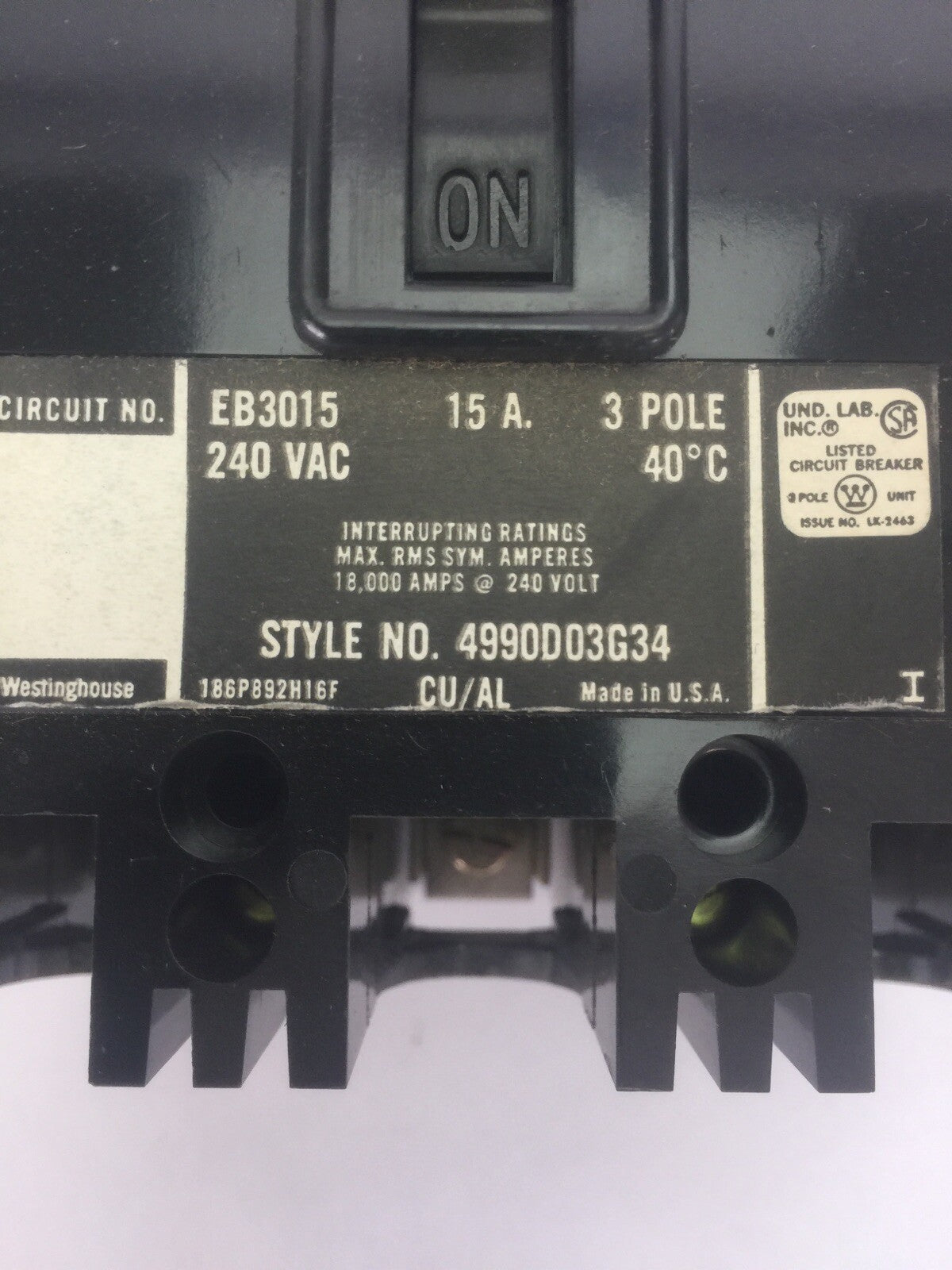 WESTINGHOUSE EB3015 AB DE-ION CIRCUIT BREAKER 15A 240VAC 3 POLE 4990D03G343