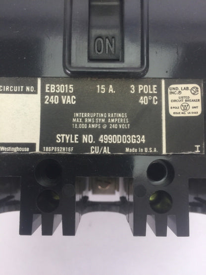 WESTINGHOUSE EB3015 AB DE-ION CIRCUIT BREAKER 15A 240VAC 3 POLE 4990D03G343