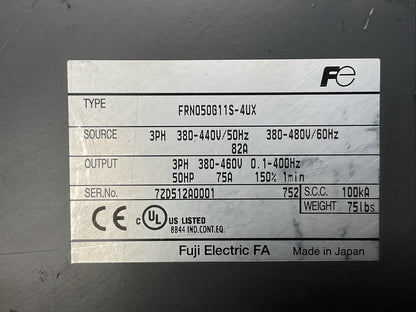 FUJI FRN050G11S-4UX FRENIC 5000G11 DRIVE OUTPUT 3PH 380-460V 50HP 75A INPUT 3PH1