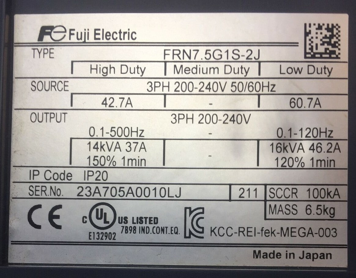 FUJI FRN7.5G1S-2J FRENIC-MEGA DRIVE OUTPUT 3PH 200-240V 0.1-120HZ 16kVA 46.2A1