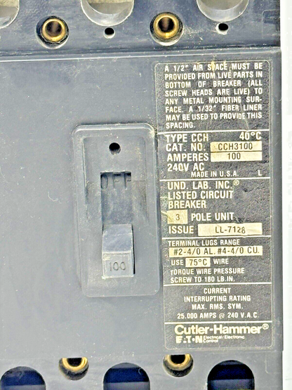 CUTLER-HAMMER / EATON - CCH3100 - CIRCUIT BREAKER - 100A/ 240 VAC/ 3 POLE2