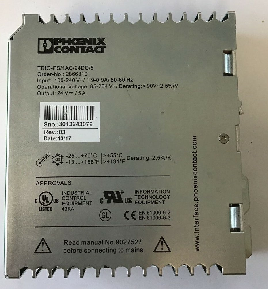 PHOENIX CONTACT TRIO-PS/1AC/24DC/5 POWER SUPPLY 100-240VAC 1.9-0.9A 50/60HZ0