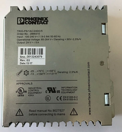 PHOENIX CONTACT TRIO-PS/1AC/24DC/5 POWER SUPPLY 100-240VAC 1.9-0.9A 50/60HZ0
