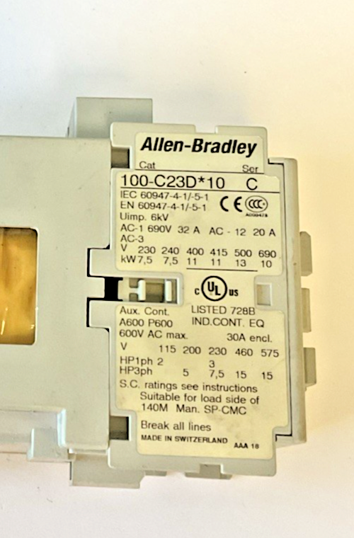 ALLEN BRADLEY 100-C23D*10 CONTACTOR SER.C 600VAC 30A1