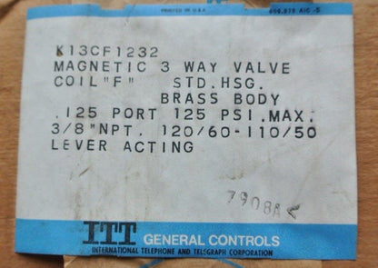 ITT GENERAL CONTROLS K13CFR1232 - MAGNETIC 3-WAY VALVE - NEW SURPLUS in BOX5