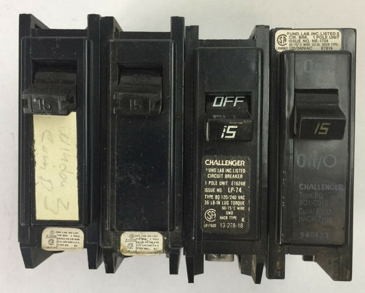 CHALLENGER/SYLVANIA BQ1C015 CIRCUIT BREAKER 1POLE 15AMP 120/240VAC (LOT OF 4)0