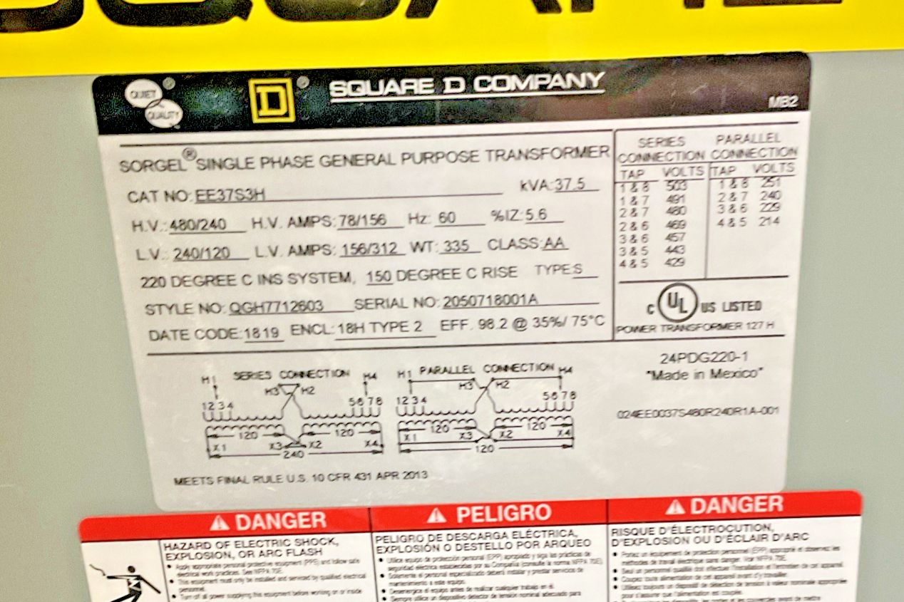SQUARE D EE37S3H TRANSFORMER H.V480/240V L.V.240/120 37.5KVA 18H TYPE21