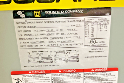 SQUARE D EE37S3H TRANSFORMER H.V480/240V L.V.240/120 37.5KVA 18H TYPE21