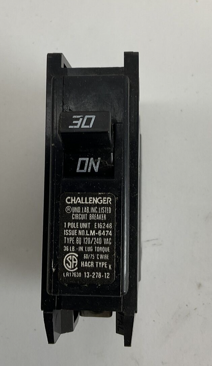 CHALLENGER BQ1C030 CIRCUIT BREAKER 30A 120/240VAC TYPE BQC 1POLE ***LOTOF10***2