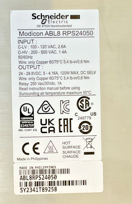 SCHNEIDER ELECTRIC ABL8RPS24050 POWER SUPPLY MODICON 940561 24VDC 5A 500VAC4