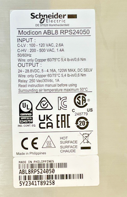 SCHNEIDER ELECTRIC ABL8RPS24050 POWER SUPPLY MODICON 940561 24VDC 5A 500VAC4