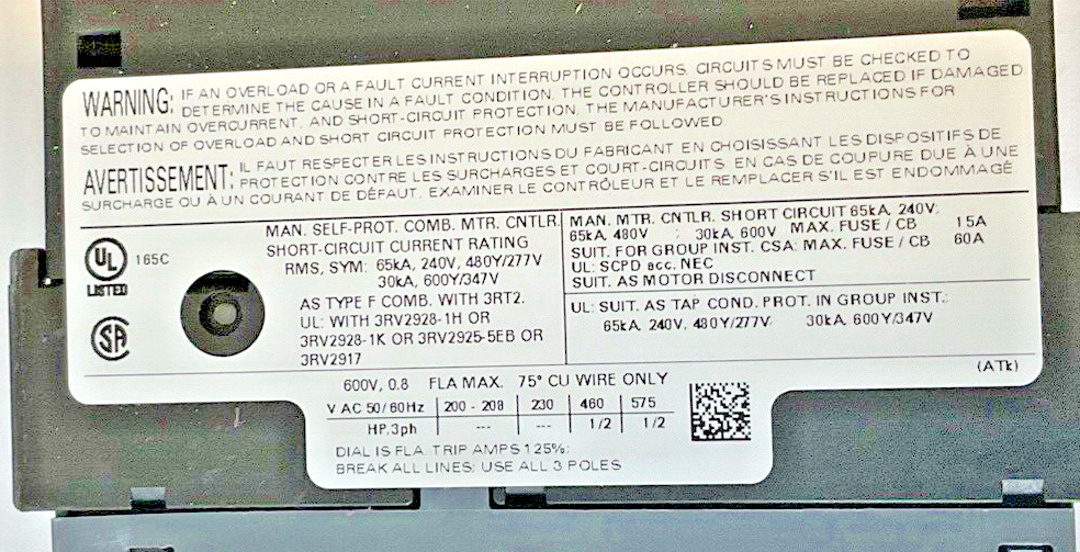 SIEMENS 3RV2011-0HA10 MOTOR CONTROL 0.55-0.8A6