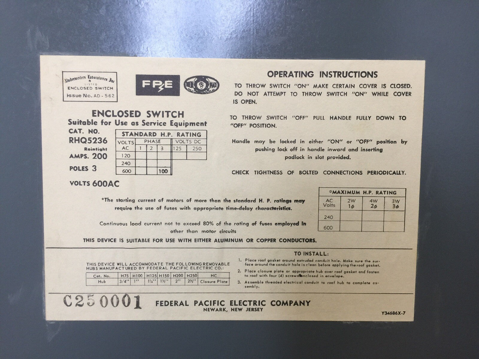 FPE RHQ5236 HEAVY DUTY TYPE A SAFETY SWITCH NON-FUSIBLE 200A 600VAC RAINTIGHT 7