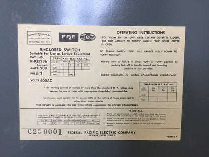 FPE RHQ5236 HEAVY DUTY TYPE A SAFETY SWITCH NON-FUSIBLE 200A 600VAC RAINTIGHT 7