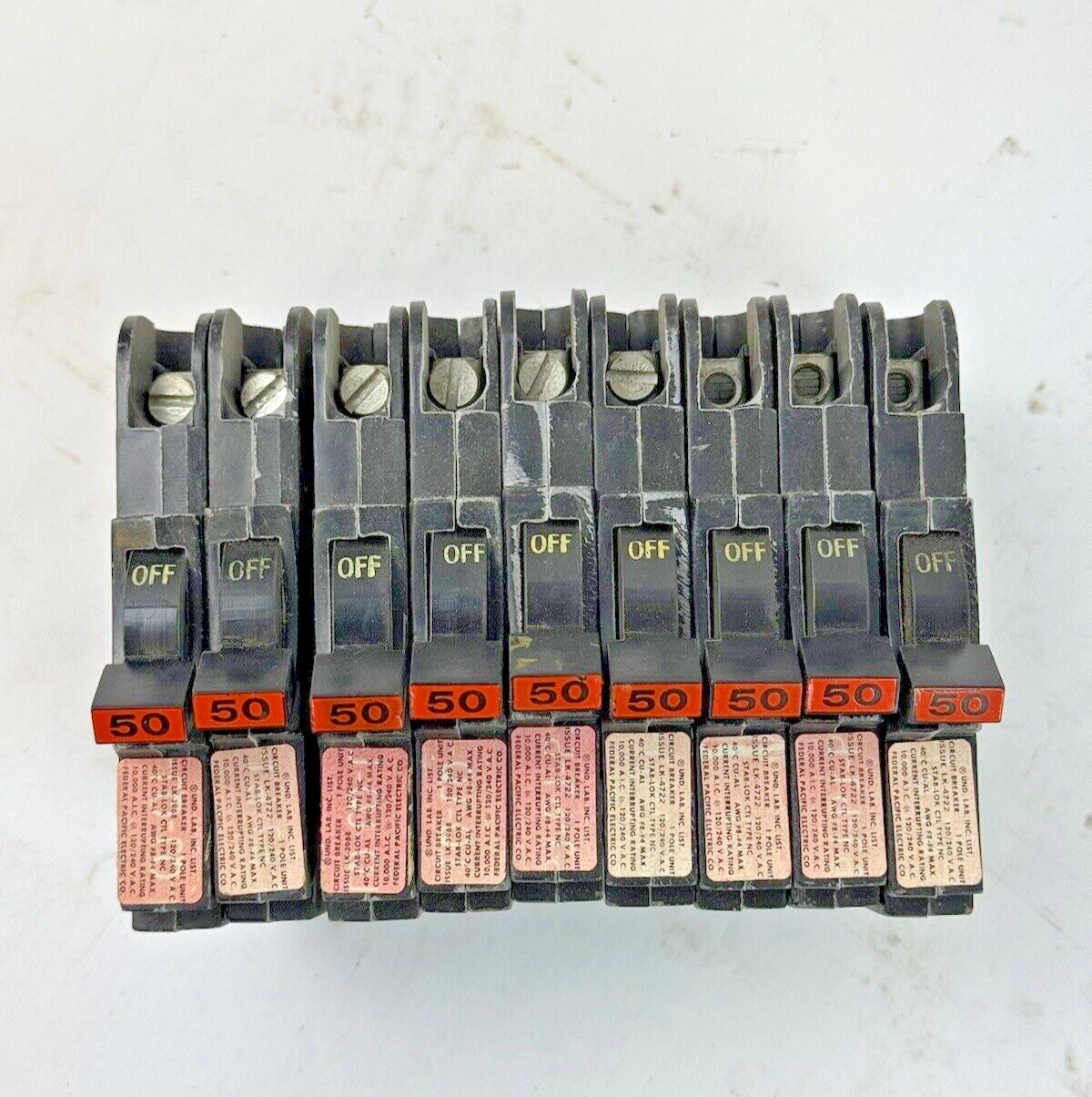 FPE *LOT OF 9* - 050 / NC150 - STAB-LOK BREAKERS - 1 POLE/240VAC/50A-3 NO SCREWS1
