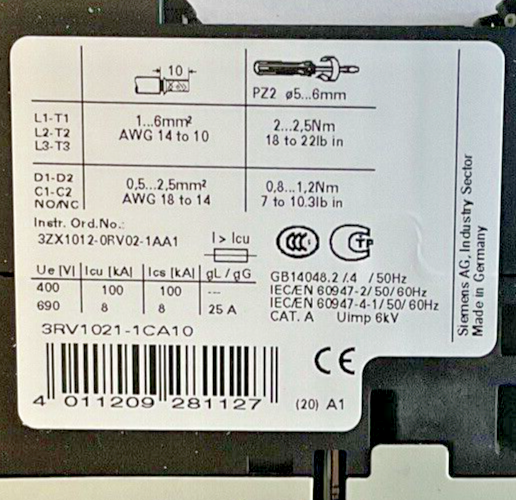 SIEMENS 3RV1021-1CA10 MOTOR CONTROL 1.8-2.5A6