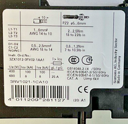 SIEMENS 3RV1021-1CA10 MOTOR CONTROL 1.8-2.5A6