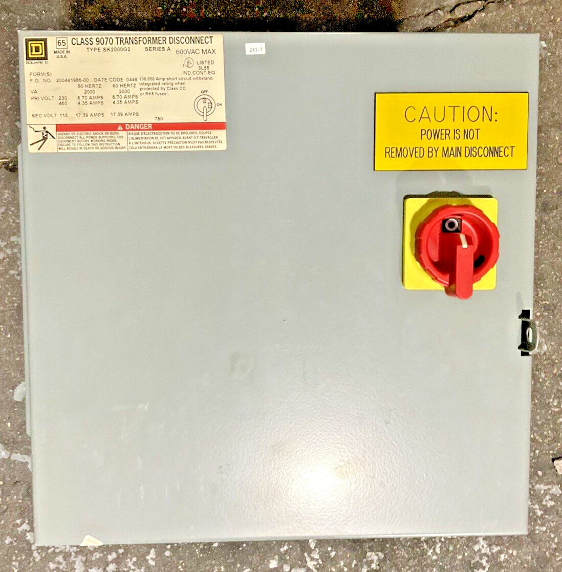 SQUARE D SK2000G2 TRANSFORMER DISCONNECT SER.A 600VAC 50/60HZ 17.39A0