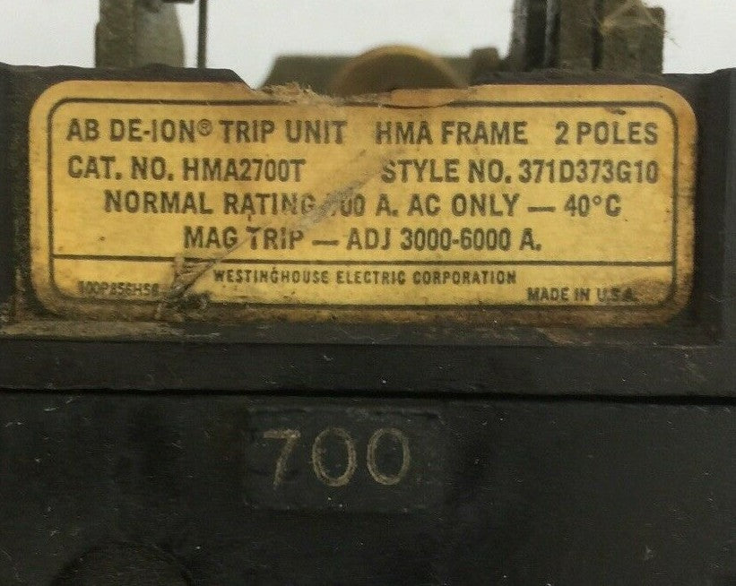 WESTINGHOUSE HMA2700T AB DE-ION TRIP UNIT 2POLE 700AMP 371D373G101