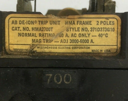 WESTINGHOUSE HMA2700T AB DE-ION TRIP UNIT 2POLE 700AMP 371D373G101