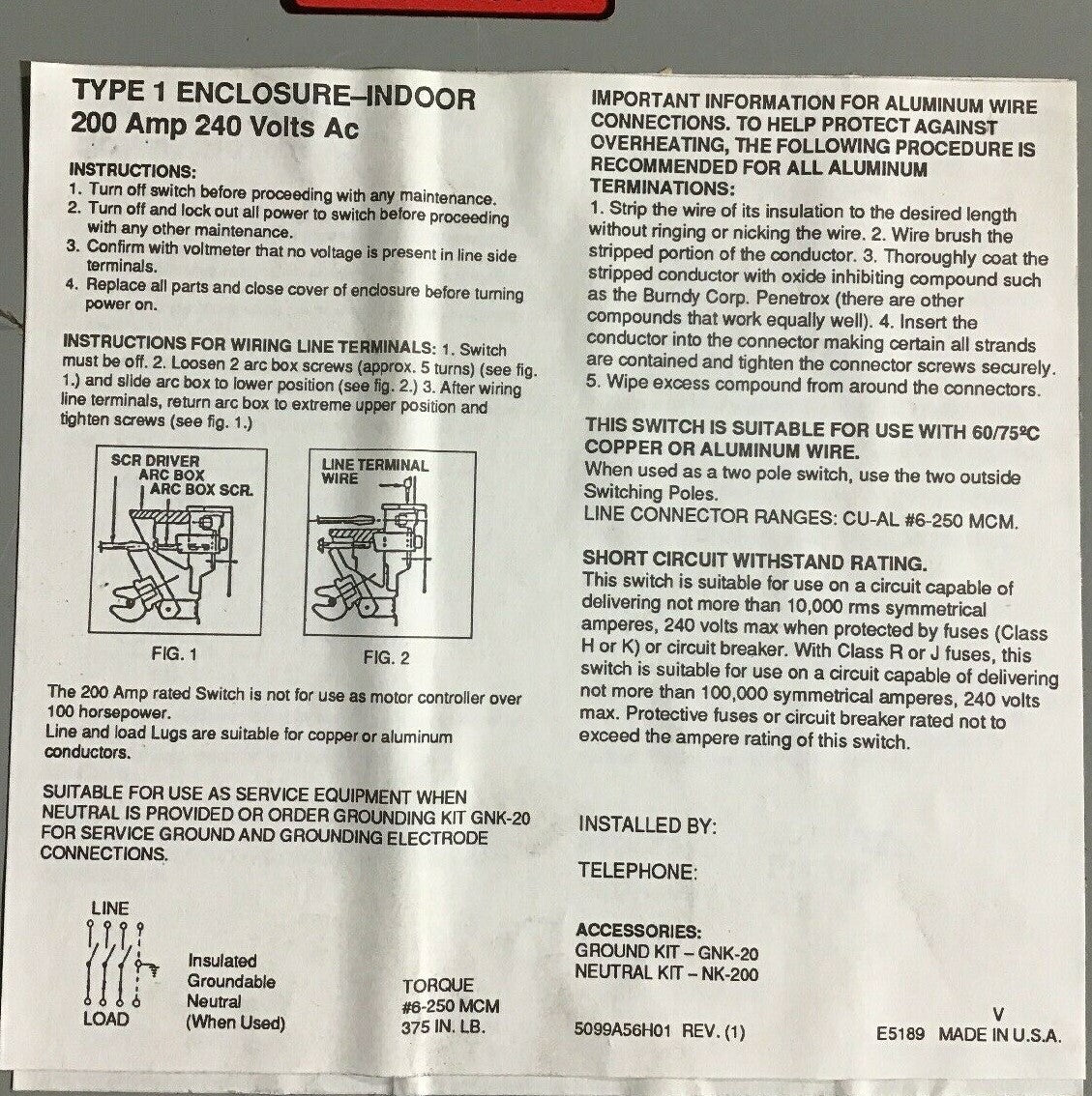 CHALLENGER HD324NFC 200AMP 240VAC DUTY SAFETY SWITCH 4