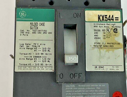 GE TED134YT150 CIRCUIT BREAKER 150A 480VAC 250VDC 3POLE1