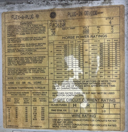 GE FVK361WR BUSWAY FLEX-A-PLUG STYLE 4 30AMP 600V 3PH 3W 20HP PLUG-IN DEVICE1