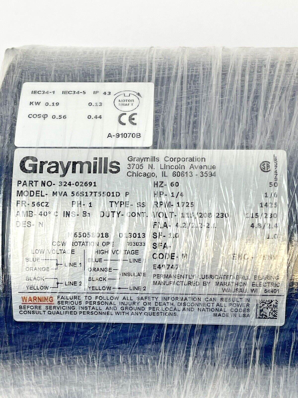 GRAYMILLS - 324-02691 - 56S17T5501D P - Pump 1/4HP - 1725rpm 115/208-230V-TN-37E0