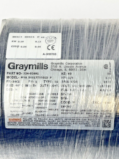 GRAYMILLS - 324-02691 - 56S17T5501D P - Pump 1/4HP - 1725rpm 115/208-230V-TN-37E0