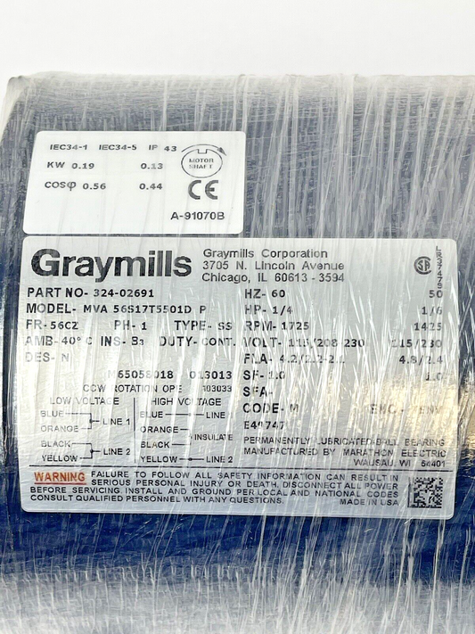GRAYMILLS - 324-02691 - 56S17T5501D P - Pump 1/4HP - 1725rpm 115/208-230V-TN-37E0