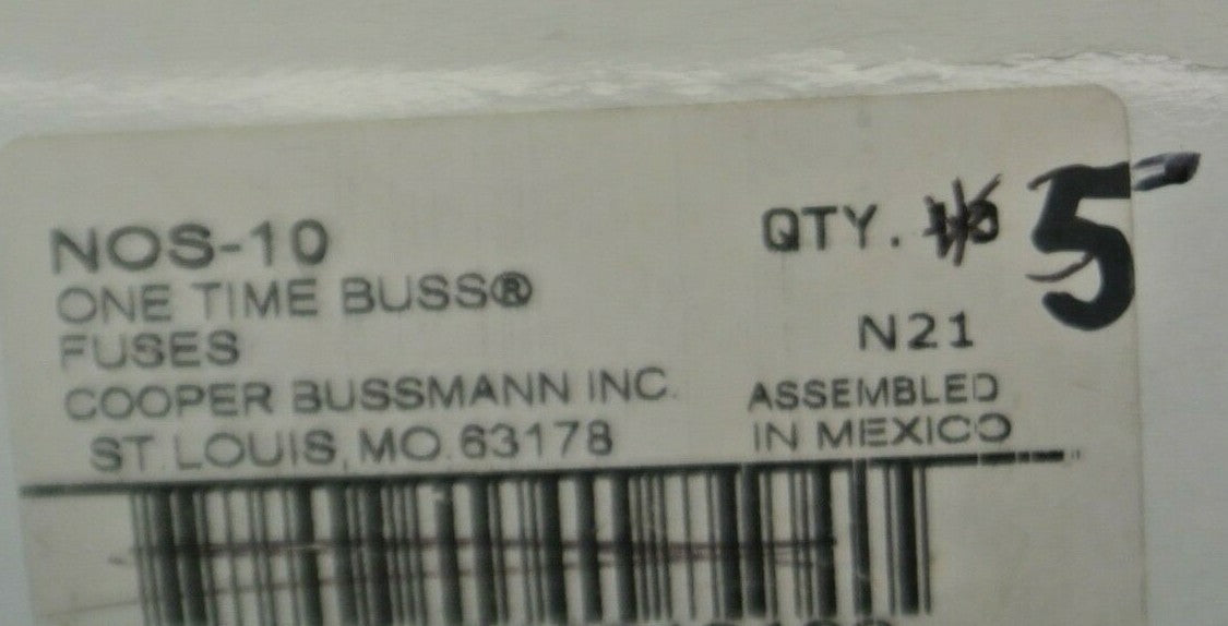LOT of 5 / COOPER-BUSSMANN / NOS10 / ONE-TIME FUSE / 10A / 600V3