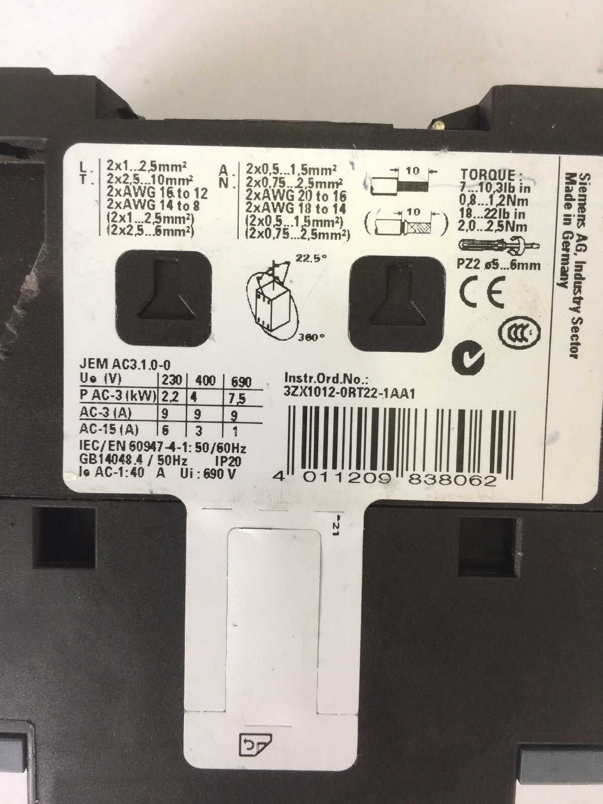 SIEMENS 3RT2023-1AN20 CONTACTOR 600VAC 3 POLE SIRIUS G/131119*E02* 220V 50/60HZ6