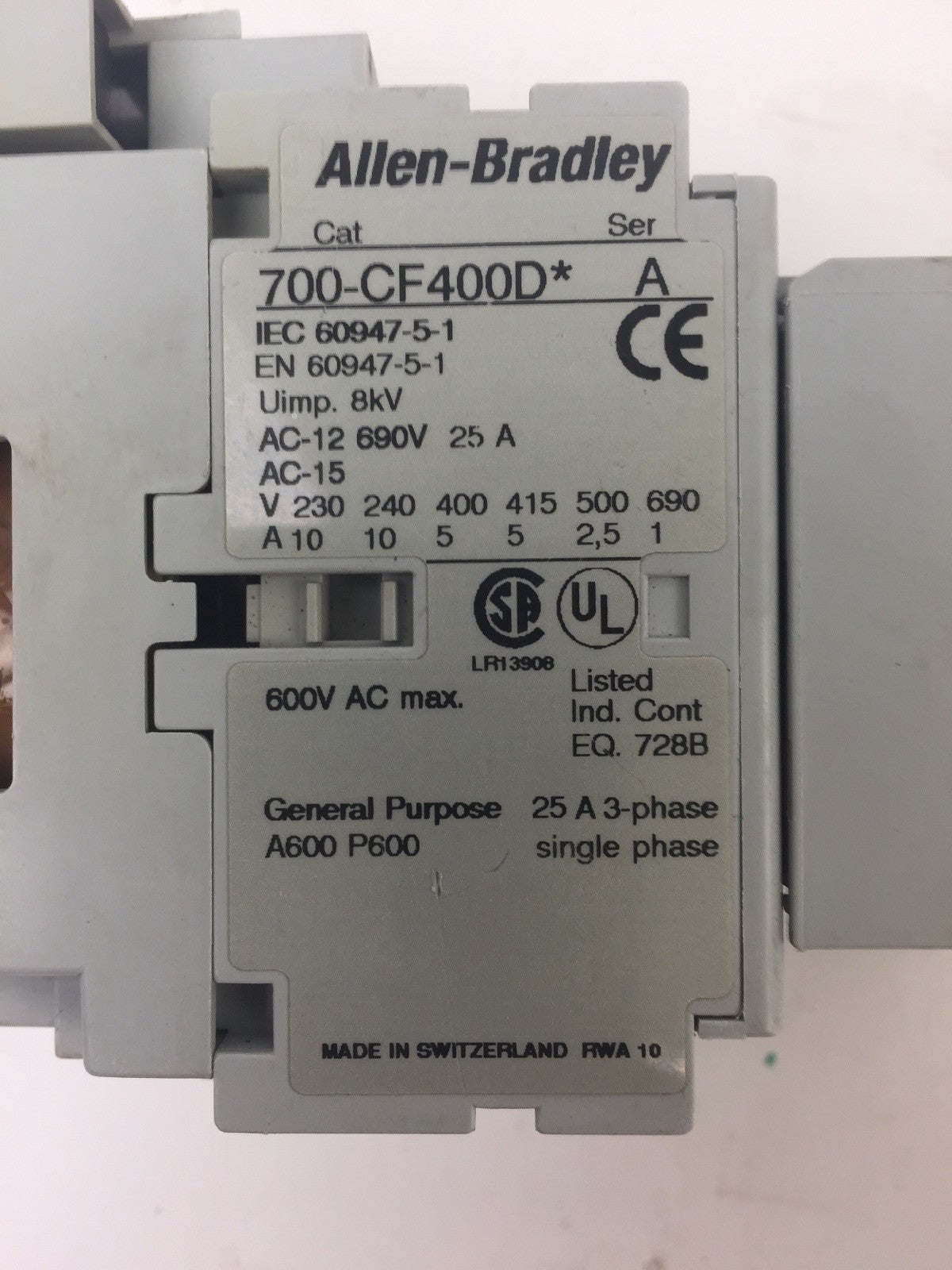 ALLEN BRADLEY 700-CF400D* CONTACTOR  600VAC 25A COIL 24VDC 100-F 100-FSD2501