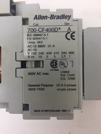 ALLEN BRADLEY 700-CF400D* CONTACTOR  600VAC 25A COIL 24VDC 100-F 100-FSD2501
