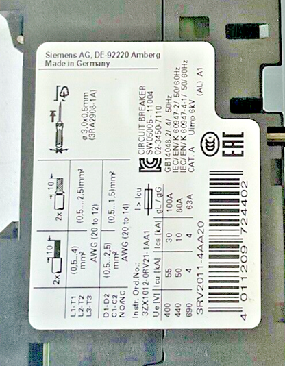 SIEMENS 3RV2011-4AA20 MOTOR CONTROL 10-16A 50HZ5