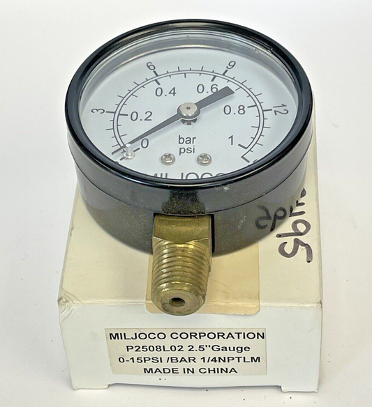 MILJOCO - P2508L02 - PRESSURE GAUGE - 2.5" DIAMETER, 1/4" NPTLM, 0-15 PSI0