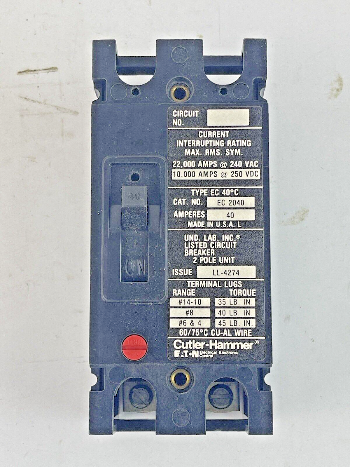 CUTLER-HAMMER - EC2040 - 2 POLE, 40A, 240 VAC CIRCUIT BREAKER4